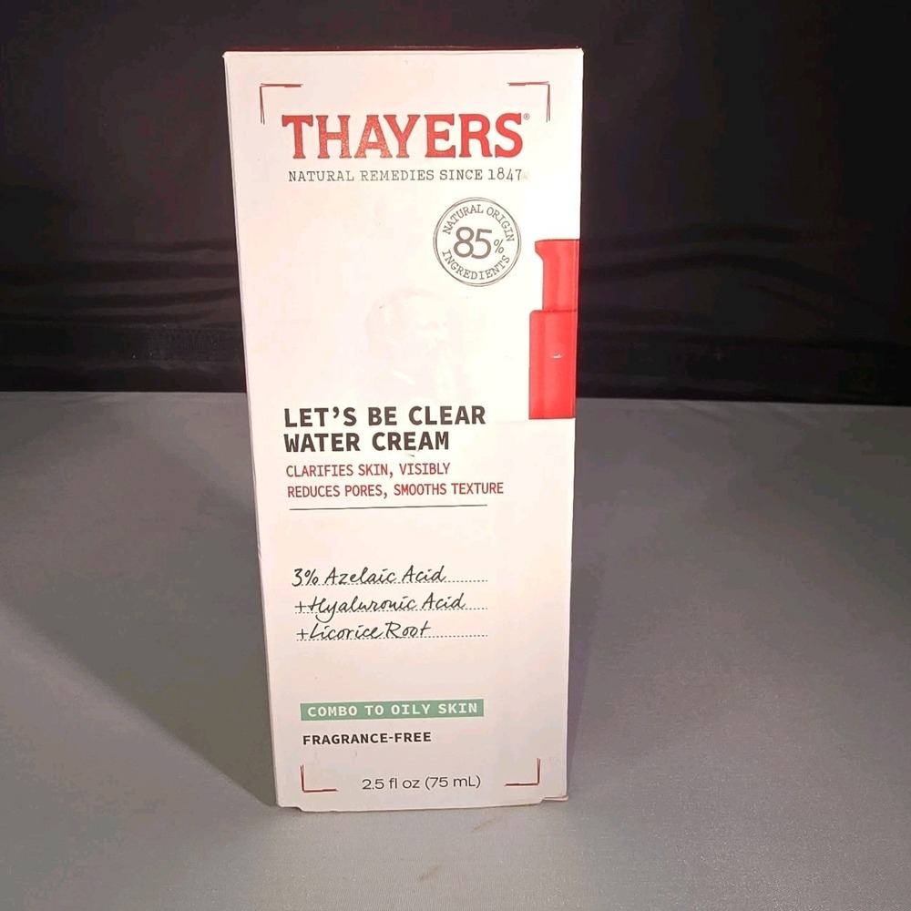 Thayers Let's Be Clear Water Cream 2.5oz 3% Azelaic Acid Hyaluronic Acid New